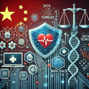 Image evoking data protection, digital health technology, and China law. It features symbols like a digital shield, medical icons, and elements associated with Chinese law, along with technology motifs to represent the digital aspect.