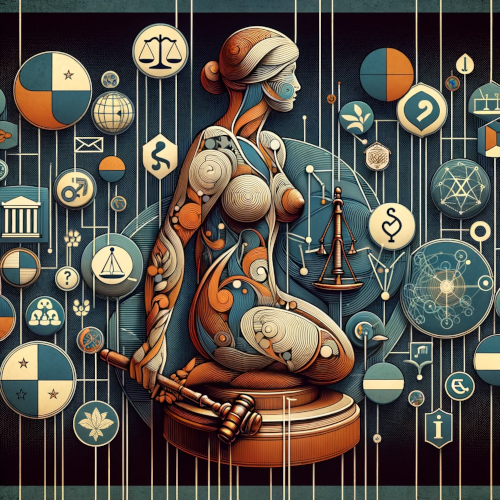 A statue of a naked women surrounded by objects related to law