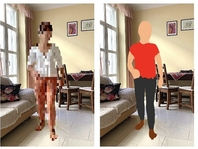 An image of a woman with two privacy filters applied (pixelation and avatar)