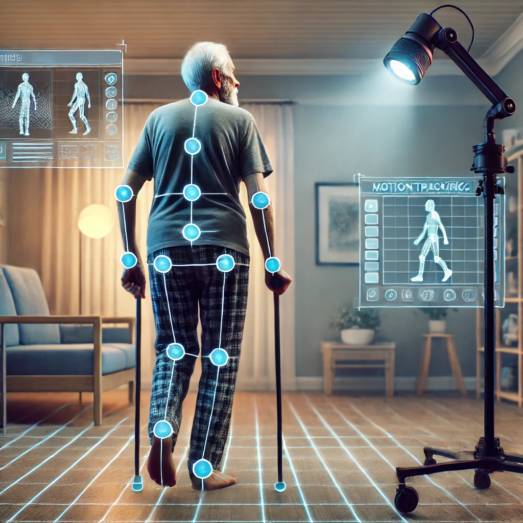 Image depicting a person with Alzheimer's disease being analysed by a camera for gait monitoring