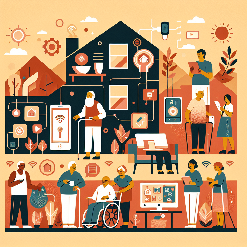 The image depicts a diverse group of older adults and people with disabilities in a home setting, interacting with various AAL devices and technologies.